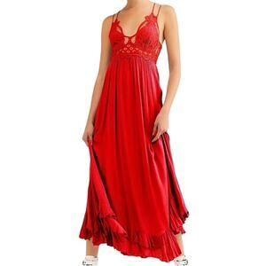 Free People Intimately One Adella Slip Maxi Dress in Bright Red Flowy S NWT